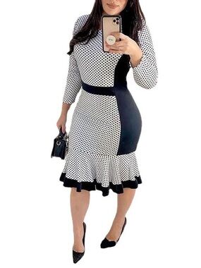 Chic Me Black & White Polka Dot Midi Dress with Ruffle Hem